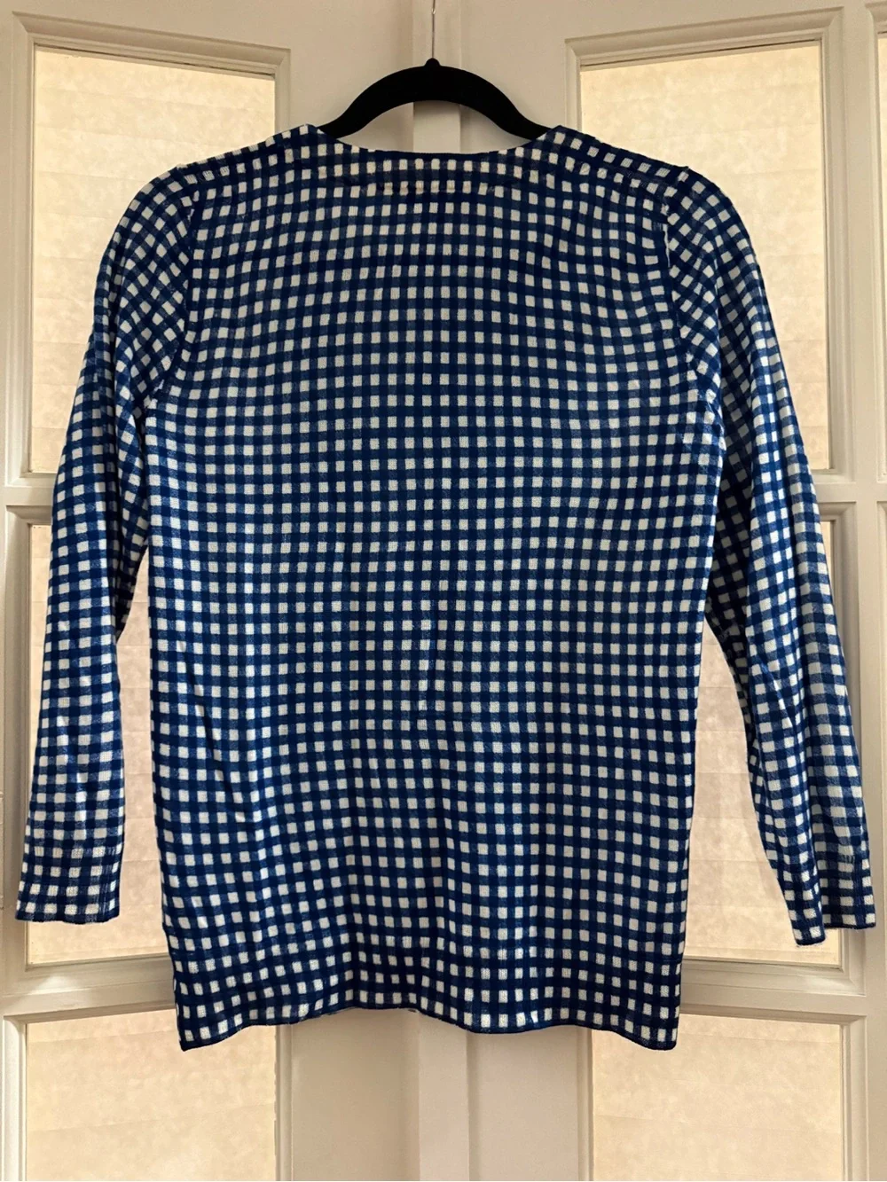 J. Crew Blue and White Gingham Crewneck Sweater
